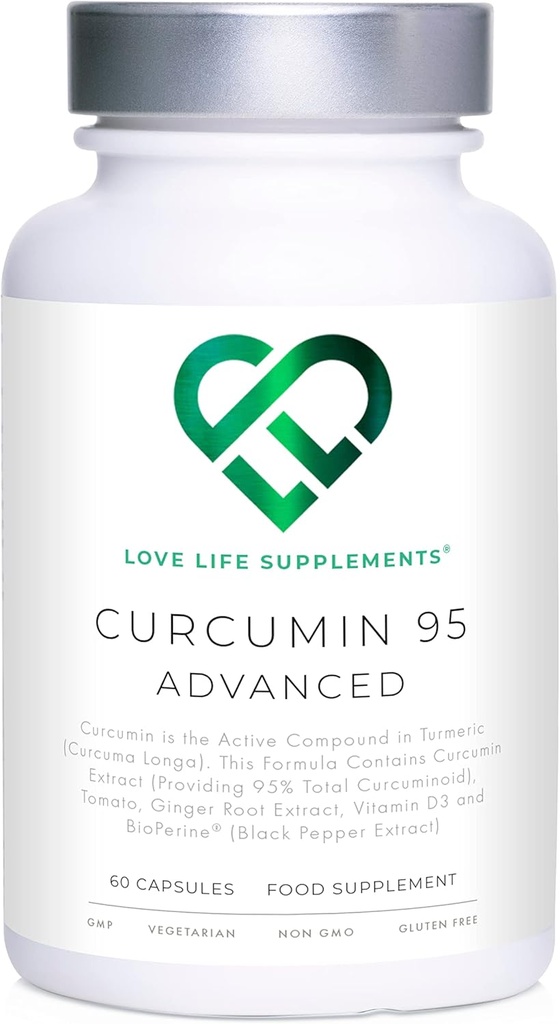 Curcumin 95 Advanced, 60 kapslit, kõrge tugevusega kurkumiin (kurkumiini aktiivne komponent) 95% kurkuminoididega + BioPerine® (must piparekstrakt), D-vitamiin, tomat ja ingveri juur, GMP Heaks kiidetud
