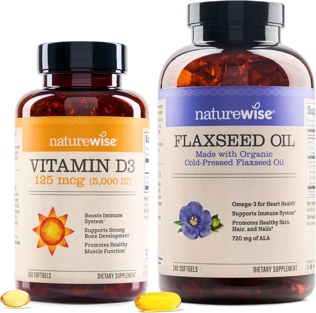 NatureWise Vitamiin D3 5000iu (125 mcg) 1 aasta pakkumine tervisliku lihasfunktsiooni jaoks ja immuunsüsteemi toetus Orgaaniline linaseemneõli Max 720mg ALA | Kõrgeim potentsi Linaõli Omega 3