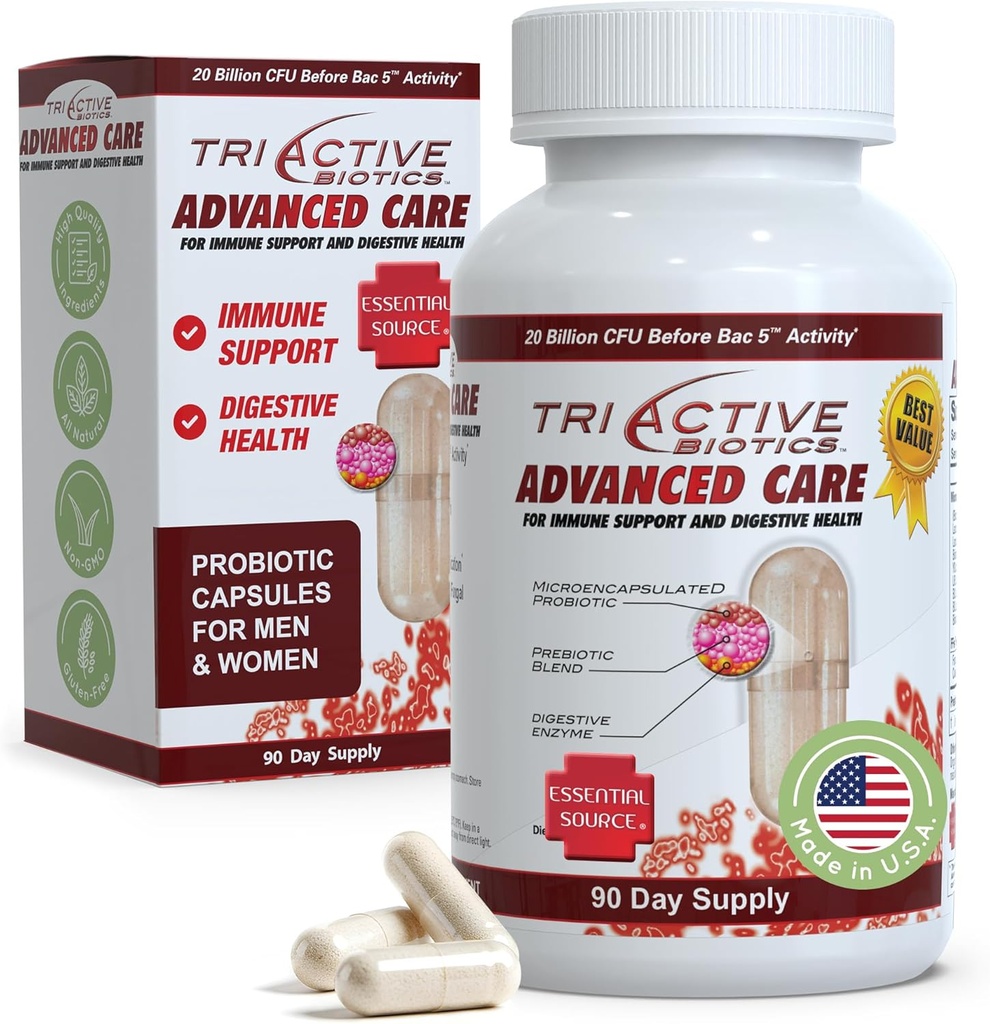 Oluline allikas TriActive Biotics Advanced Care - 20 miljardit CFU probiootikumid seedetrakti tervise jaoks, immuunsuse tugilisa, mikrokapseldatud probiootikumid naistele ja meestele, 90 Ct kapslid