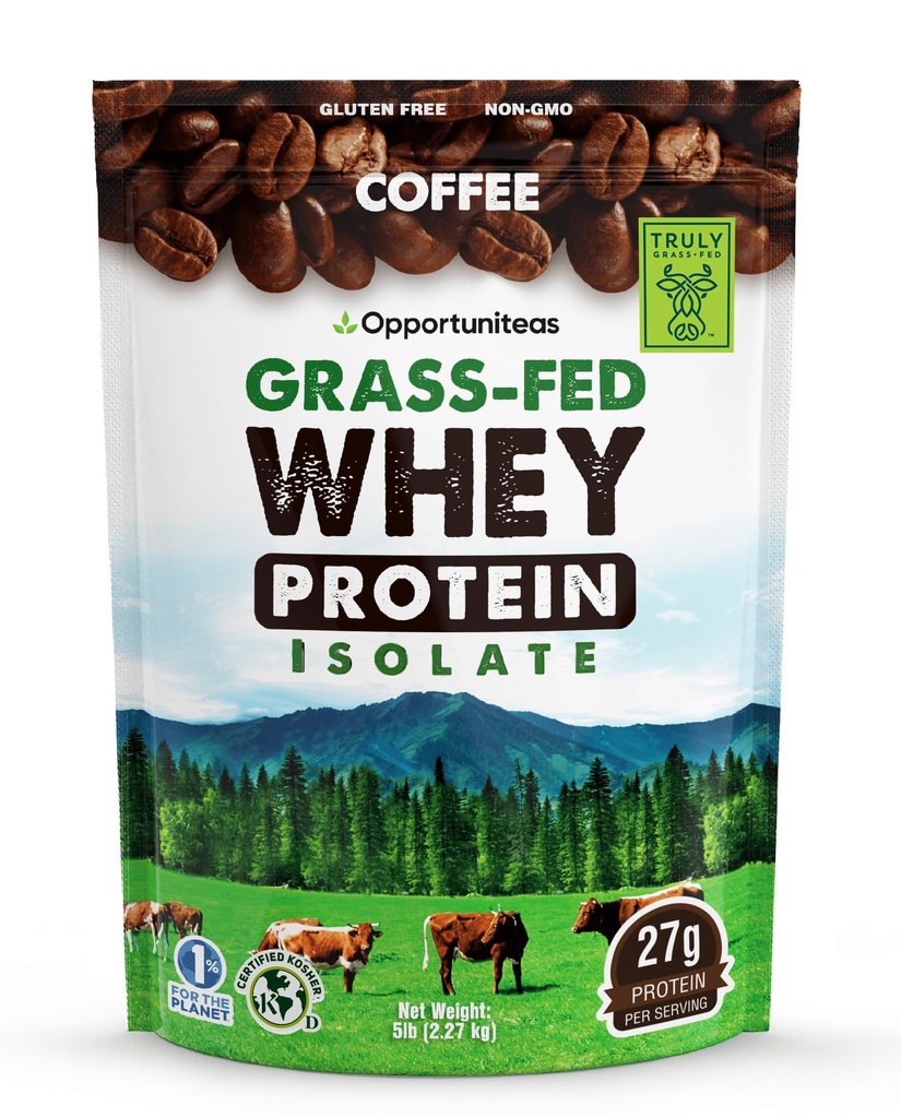 Opportuniteas Grass Fed Coffee Whey Protein Isolaatpulber - 27 g valgupulber ilma kunstlike magusaineteta, 60 mg kofeiini, hormoonivabad lehmad - 5 lb