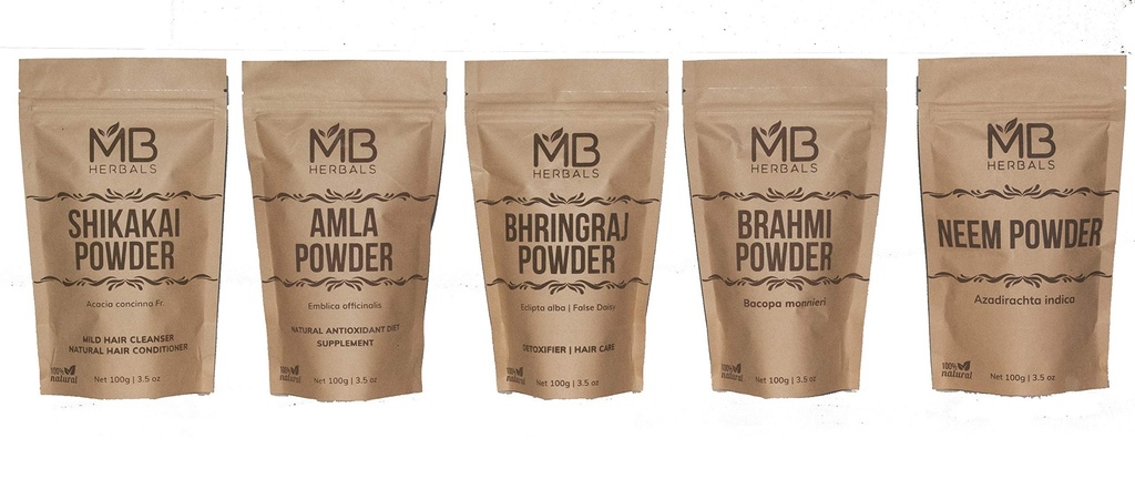 MB Taimed Juuksehoolduspulbrid COMBO Pack | Shikakai | Neem | Brahmi | Amla | Bhringaraj | Pulbrid | 100 Grams Iga | Juuksepakile | Ainult välispidiseks kasutamiseks