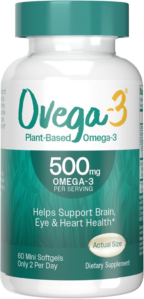 OVEGA-3 Taimepõhine Omega-3 alates Algal Oil Daily Supplement, 500mg, toetab aju, silmade ja südame tervist, kaks mini softgels päevas, 60 Count