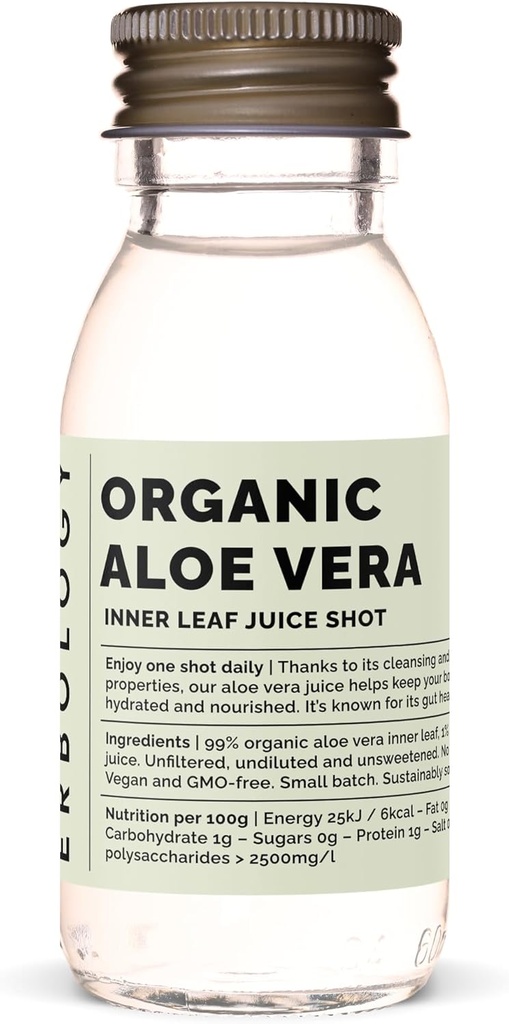 Erboloogia Orgaaniline Aloe Vera mahl 12 igapäevast kaadrit (2 fl oz) - immuunsuse tugi ja detox - siselehest - otse Hispaania talust - lahjendamata - ilma lisatud suhkruta - mitte-GMO - ringlussevõetav klaaspudel
