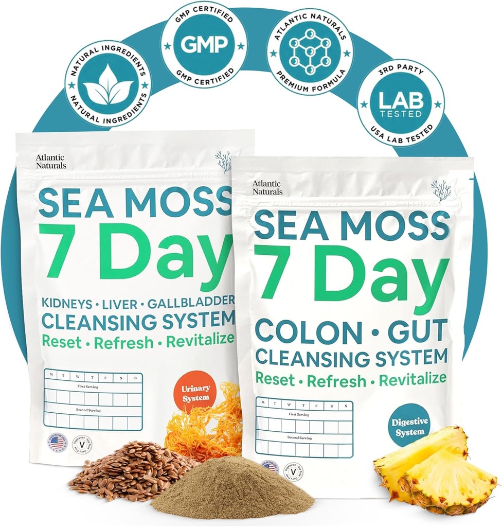 Atlantic Naturals Sea Moss 7-päevane täiskeha puhastamine Detox Bundle, Colon Cleanse Pulber Psyllium Husk Senna Pulber & Organic Sea Moss Pulber Neerud, maks, sapipõie, ananassi maitsejoogi segu