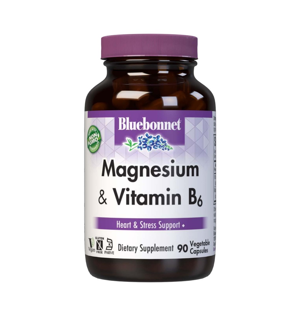 Bluebonnet Nutrition Magneesium & B6 – 400 mg Magneesiumoksiid & Aspartaat vitamiiniga B6 25 mg – Südame ja aju magneesiumi kompleks naistele ja meestele * - Mitte-GMO, vegan, gluteenivaba - 90 köögiviljakapslit