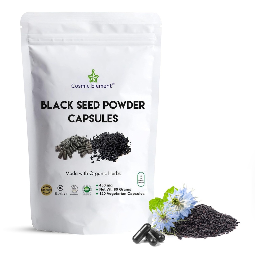 Kosmiline element 100% puhas must seemne pulber kapslid orgaaniline - Vegan Nigella Sativa 450mg must köömne seemned serveerimiseks tervisele - 120 kapslit