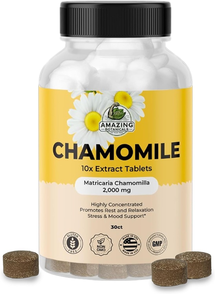 Amazing Botanicals Orgaaniline kummeli ekstrakt tabletid - Matricaria Chamomilla Taimepõhine täiendus - 10x Extract 2000 MG Iga - soodustab lõõgastust - 30 tabletti