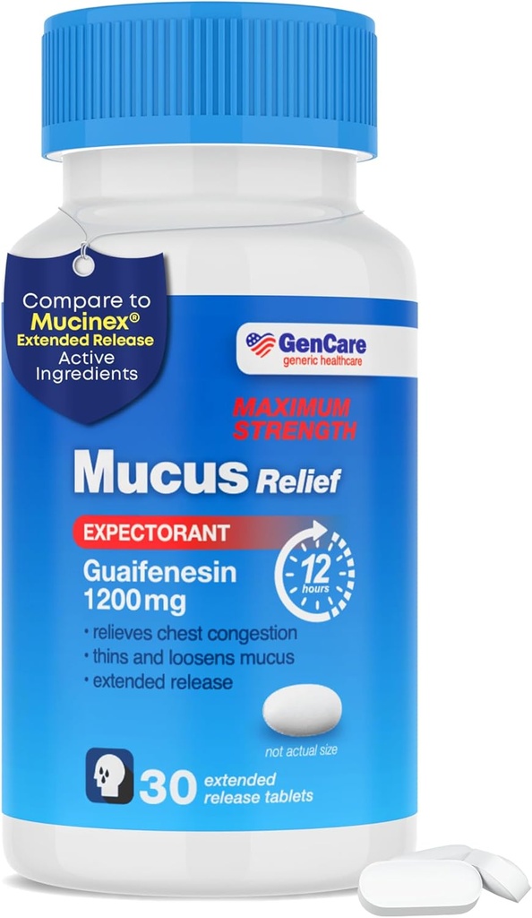 GenCare Mucus Relief 1200 mg Maksimaalne tugevus (30 krahv) 1200mg Guaifenesiini laiendatud vabastavad tabletid – täiskasvanute rinna ummistuse leevendamise ootuspärane - võrreldes maksimaalse tugevusega 12 tundi