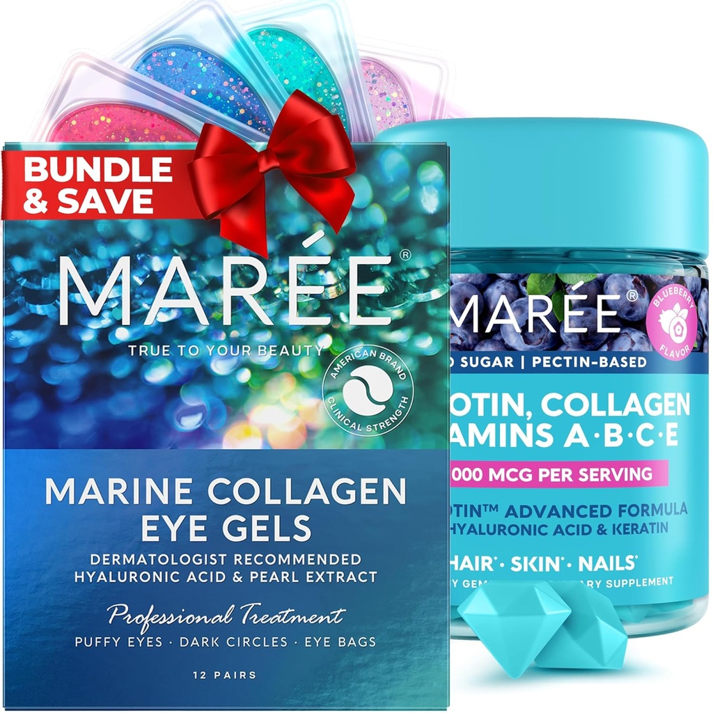 MAREE Beauty Bundle - Under Eye Gels & Biotin Gummies - Marine kollageen & hüaluroonhape, A B C E vitamiinide kompleks Keratin & Pantoteenhape - De-puff silmad & Dark Circles, nahk, küüned ja juuksed