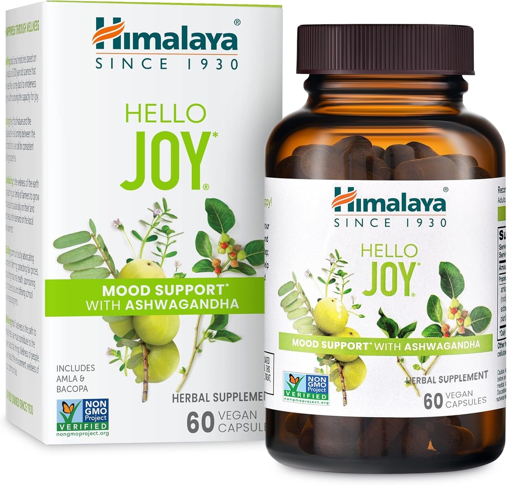 Himalaya Hello Joy Herbal Supplement, with Ashwagandha, Amla, Bacopa, Holy Basil/Tulsi, Positive Outlook, Supports Motivation, Stress Relief, Balanced Cortisol, Non-GMO, Vegan, 60 Capsules