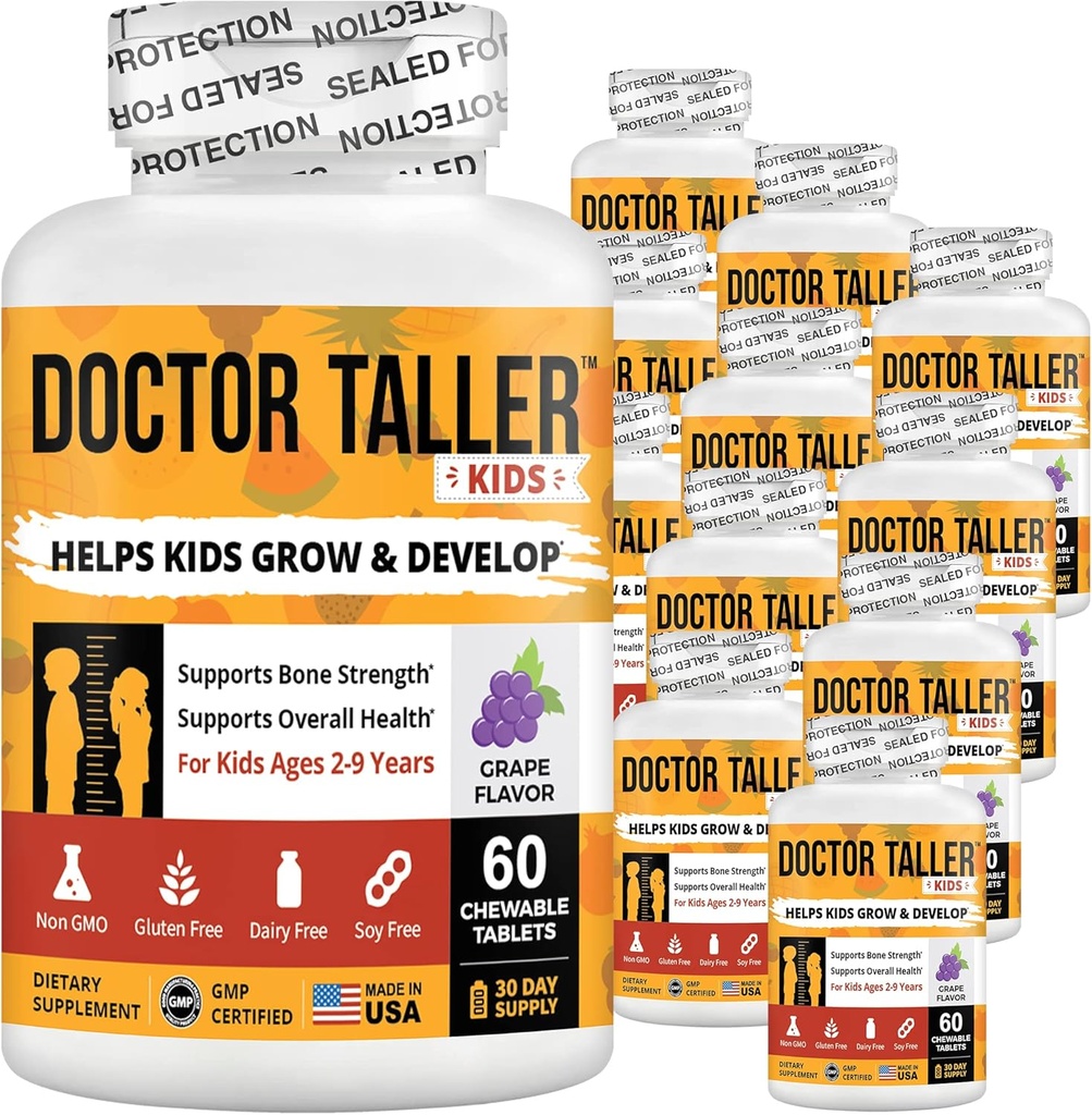 NuBest Doctor Taller Kids multivitamiinidega, multimineraalsed, kaltsiumi närimistabletid, kaltsiumilisand lastele vanuses 2 kuni 9 - viinamarjamaitse - aitab lastel terved - 12 pakendit