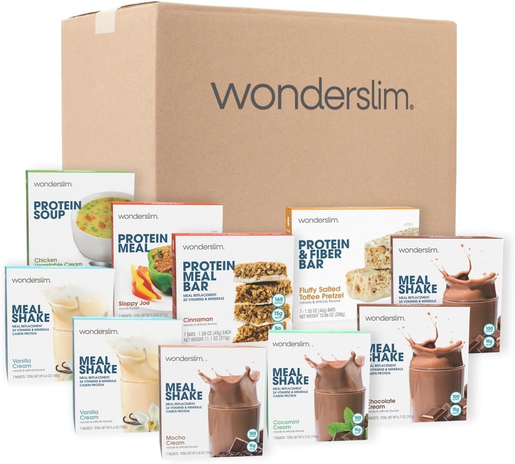 Wonderslim 2 nädala kaalulangus toidukomplekt - 70 valmis sööma dieettoitu kehakaalu langetamiseks, pakendatud toidud ja suupisted meestele ja naistele, sisseehitatud struktuuriga pikaajaliseks eduks