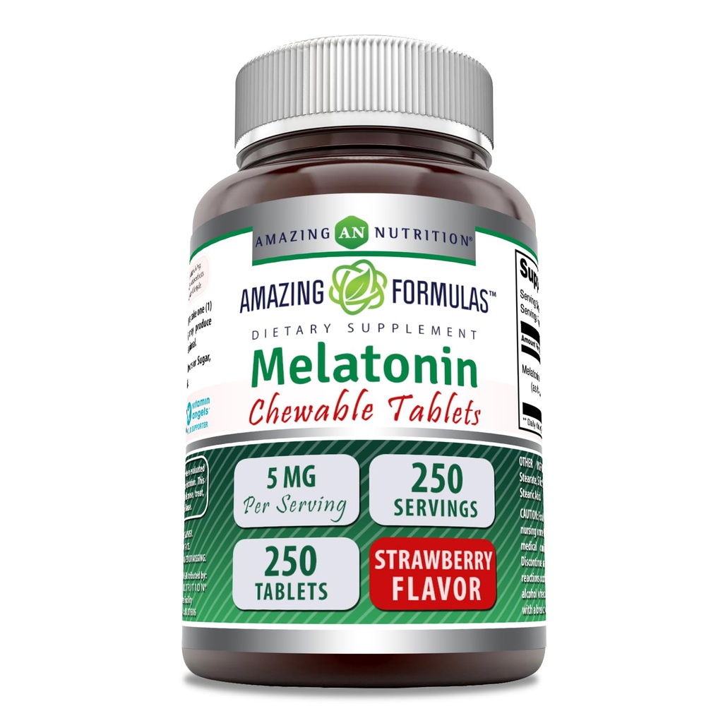 Hämmastavad valemid Melatoniini närimistable Supplement | 5 Mg per Serving | 250 tabletti | Mitte-GMO | Gluteenivaba | Valmistatud USAs (Maasikas)