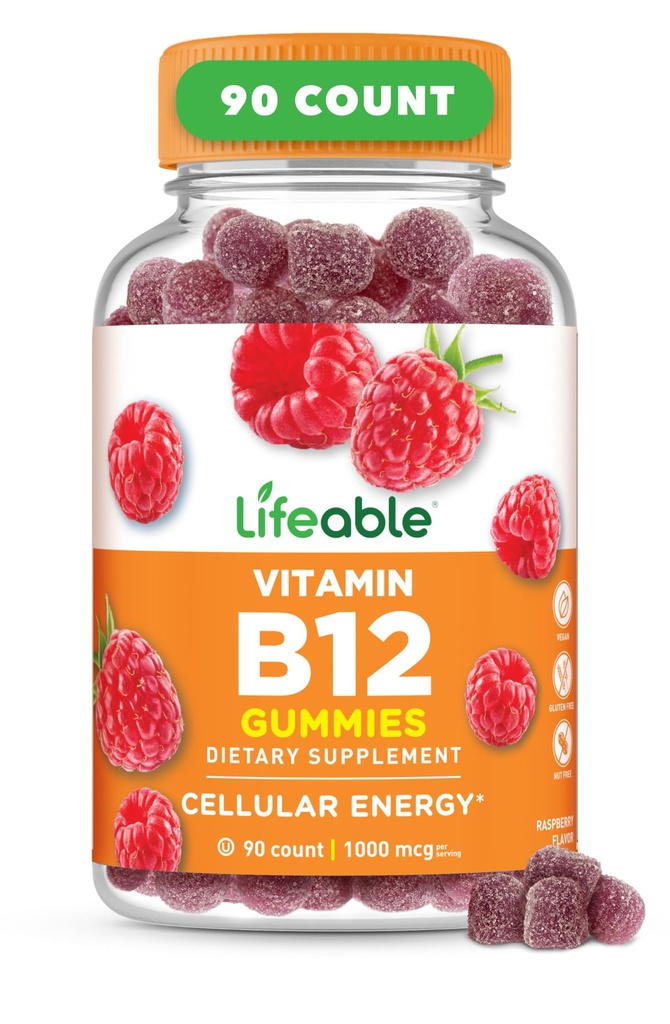 Elujõuline B12-vitamiini kummid täiskasvanutele | 1000 mcg | suurepärane maitse B12-vitamiinid | Mitte-GMO, vegan B12 | energia ja ainevahetuse toetamiseks | 90 kummikuid