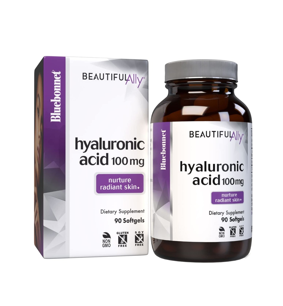 Bluebonnet Nutrition Beautiful Ally Hyaluronic Acid 100mg, Toitumine Radiant Nahk *, Mitte-GMO, Gluteenivaba, Sojavaba, 90 Softgels, 90 Servings