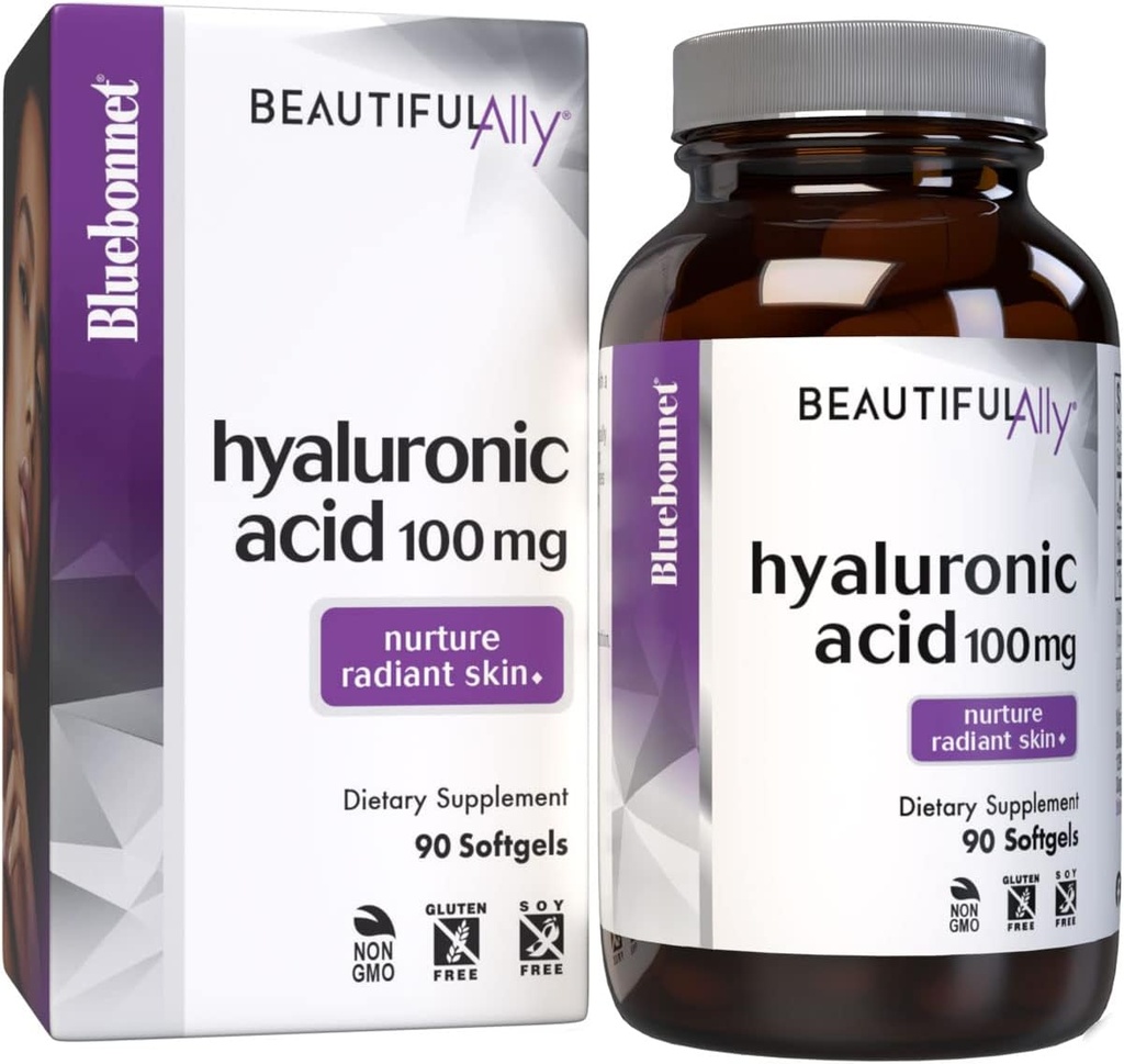 Bluebonnet Nutrition Beautiful Ally Hyaluronic Acid 100mg, Nurture Radiant Skin*, Non-GMO, Gluten-Free, Soy-Free, 90 Softgels, 90 Servings
