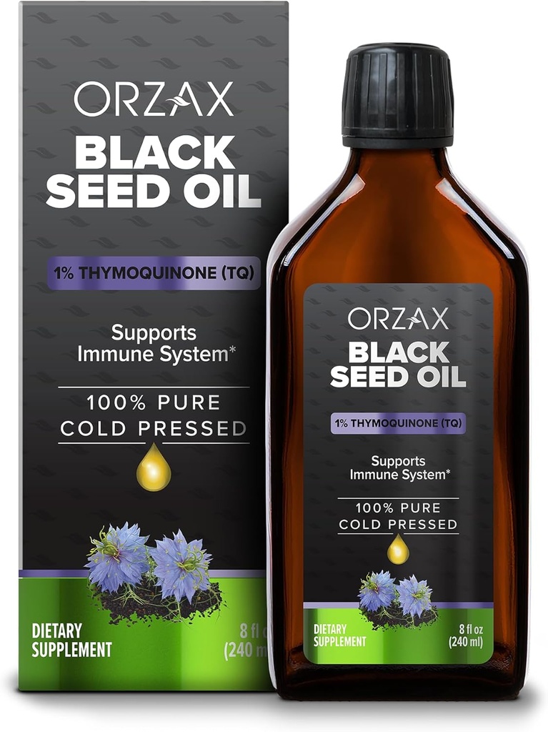 ORZAX Black Seed Oil Vedel (8 fl oz) - Külmpressitud 100% puhas | Vegan, Gluteenivaba, Non-GMO | 5000mg Black Cumin (Nigella Sativa) õli 50mg Tümokinoon | rikas Omega 3-6-9 | Klaaspudel