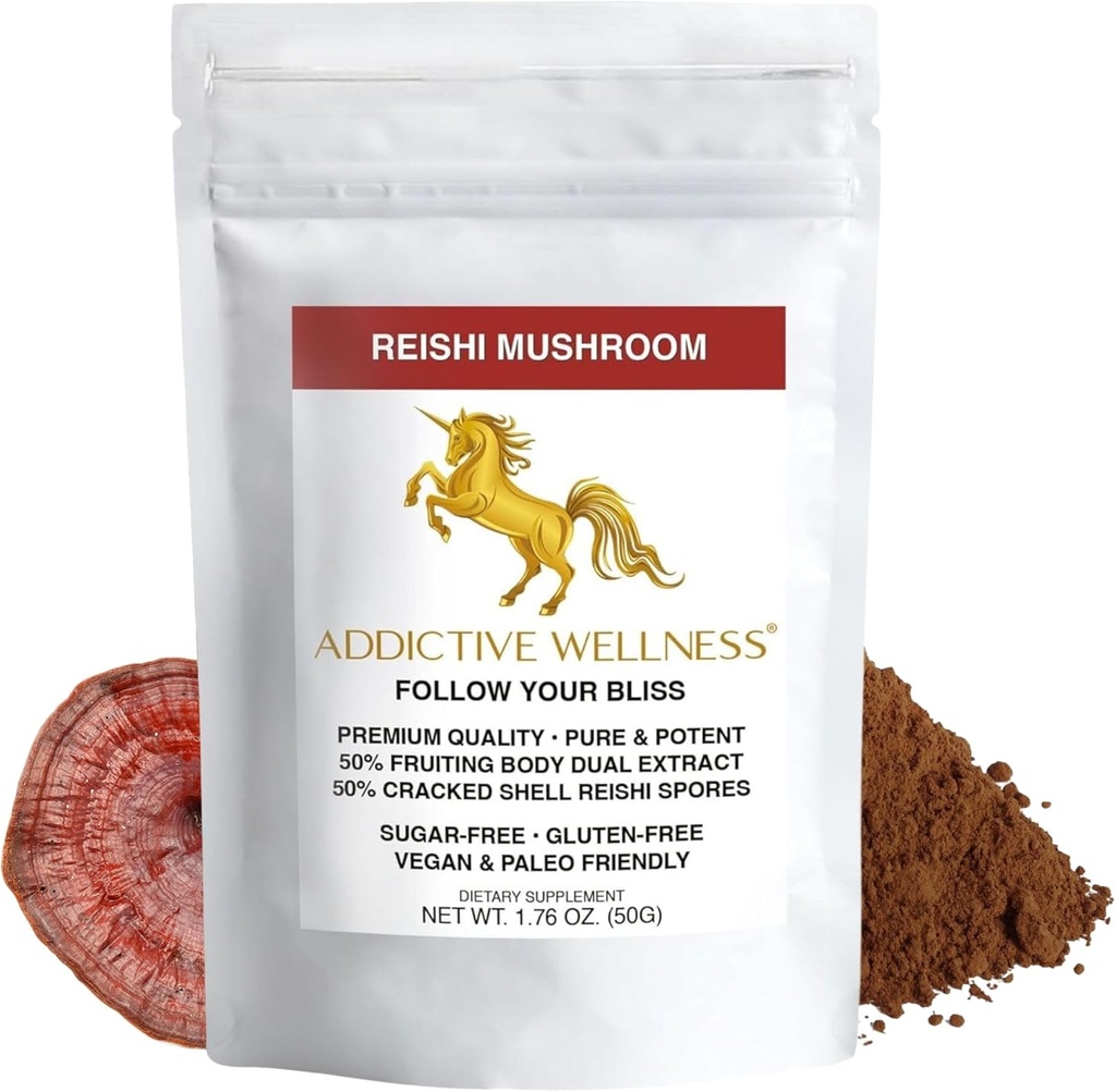 Sõltuvuslik heaolu Reishi Seeneekstrakti pulber + eosed (50/50 segu) Puidukasvatatud Puhas & Potent Wildcrafted Ganoderma 50 g (1,76 oz)