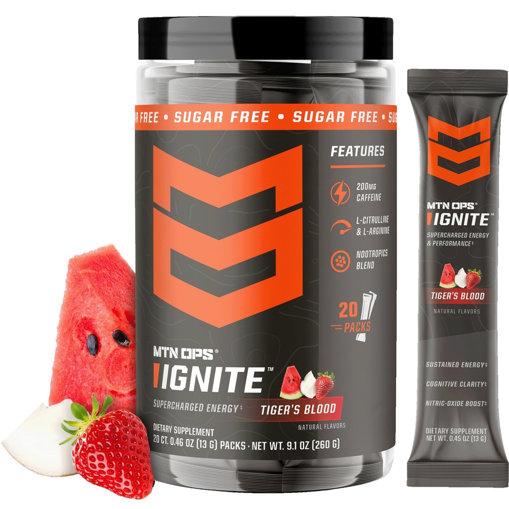 MTN OPS Ignite Trail pakendid Energiajoogipulber, Gluteenivaba Nootroopne toidulisand Joogisegu, L Arginiin, L tsitrulliin, Kofeiin ja Nootroopne Suhkruvaba Joogi Segu, 20 Servings, Tiigri veri