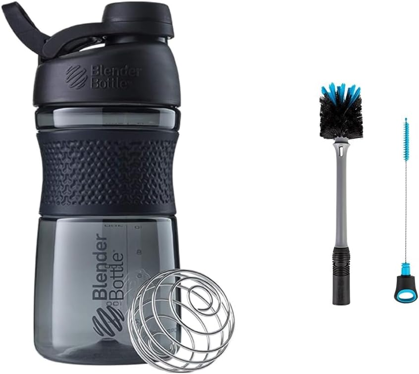 BlenderBottle SportMixer Shaker Bottle Perfect Protein Shakes ja Pre Workout, 20-Ounce, Black & 2-in-1 Shaker Bottle and Straw Cleaning Brush, 1 Pack,Gray