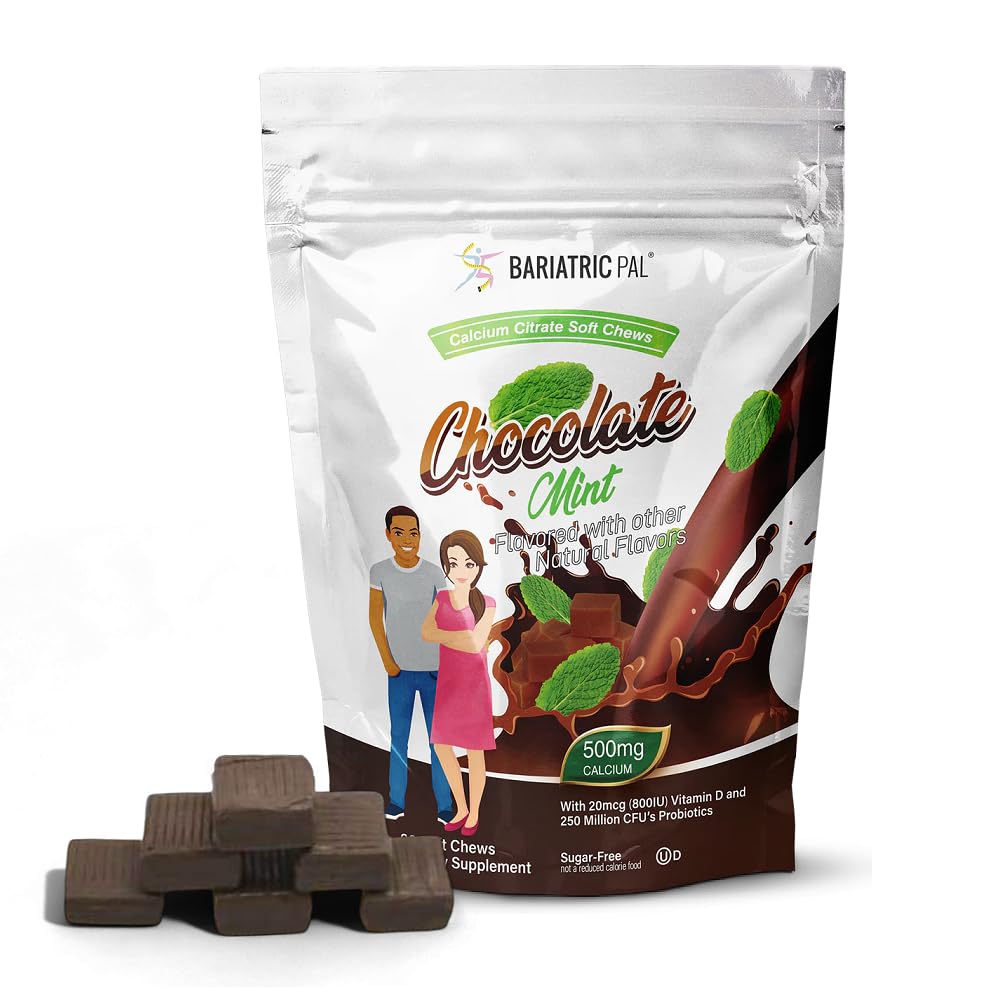 BariatricPal Sugar-Free Calcium Citrate Pehme närimiskummid | 500mg D-vitamiini ja probiootikumidega | Šokolaadimünt | 90 loend (1 kuu pakkumine)