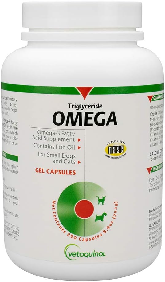 Vetokinool Triglütseriid Omega 3 lisand koertele ja kassidele, kalaõli lisand EPA ja DHA-ga, soodustab naha, karva, liigese ja immuunsüsteemi tervist, Omega 3 kalaõli koertele ja kassidele kuni 30 naela, 250 ct