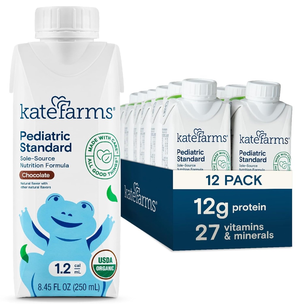 KATE FARMS Orgaaniline pediaatria 1,2 kõrge kalorsusega šokolaadi toitumiskokteil, 12 g valku, 27 vitamiini ja mineraali, toidu asendamine, 8,45 oz (12 pakk)