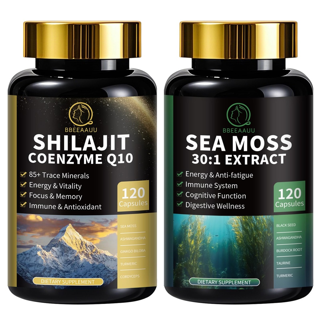 Shilajit meestele, Sea Moss ja Shilajit Bundle, Kõik 1 toidulisandid koensüümiga Q10, Black Seed, Ashwagandha, Taurine, Burdock for Energy, Kestvus, Antioksüdant & Immune Support, 240 kapslit