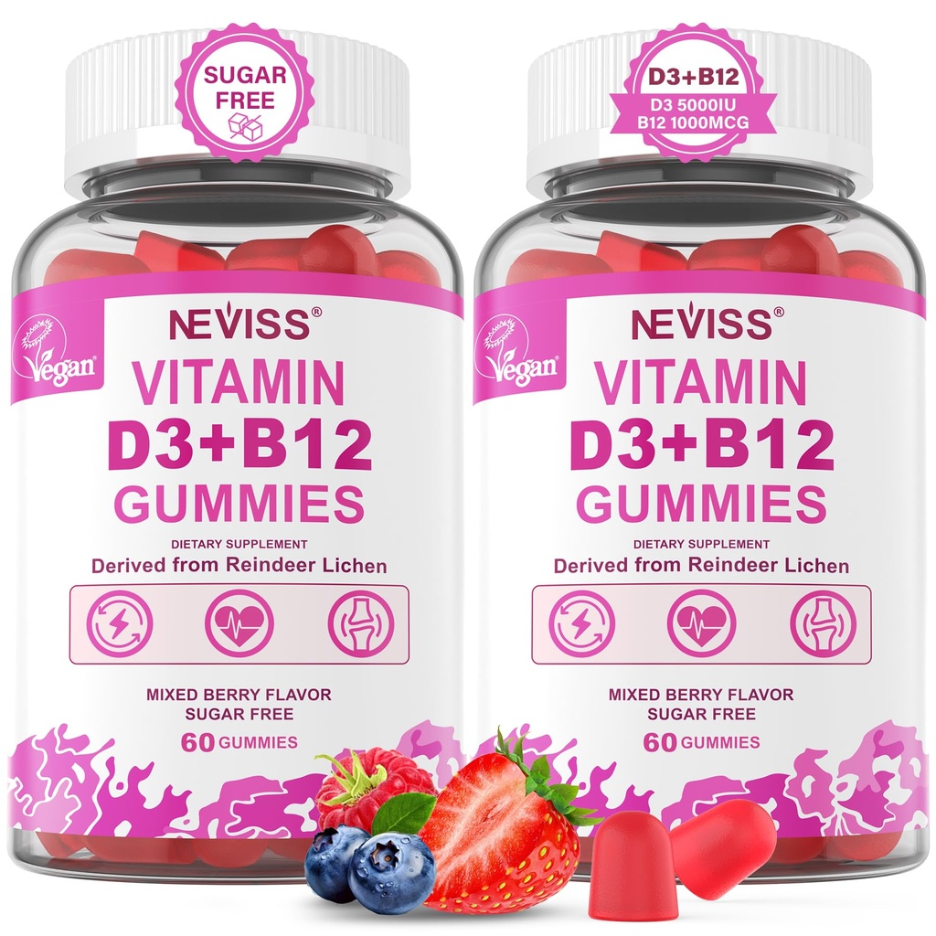 NEVISS 2Pack Vegan Vitamiin D3 + Vitamiin B12 Gummies, kõrge potentsi D3 5000 IU & 1000 mcg Methylated B12, Vitamiin D3 ja B12 täiskasvanutele, tugi Luude Tervis, Immune & Energy Supplement, 120 Count