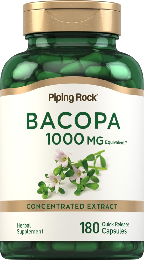 Piping Rock Bacopa Monnieri Supplement 1000mg | 180 kapslit | Herbal Extract |Non-GMO & Gluteenivaba