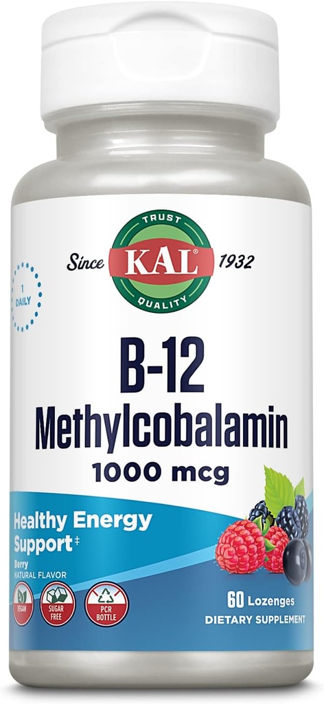 KAL-vitamiin B-12 metüülkobalamiin Lozenges 1000mcg, tervislik energia, ainevahetus, närvide ja punaste vereliblede toetus, * optimaalne imendumine, looduslik marjamaitse, vegan, suhkruvaba, 60 serveerimist, 60 lozenges