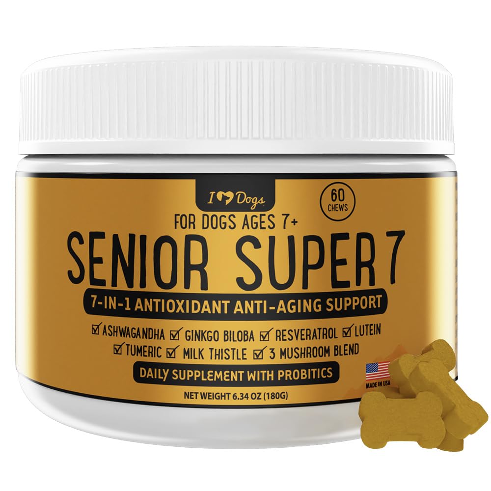 iHeartDogs Senior Super 7 igapäevane koera multivitamiin - 7-in-1 vitamiin koertele toetab vananemisvastast vananemist antibiootikumide, probiootikumide, lõvi manne, Türgi saba ja Ashwagandha pikaealisuse ja kognitiivse võimenduse jaoks