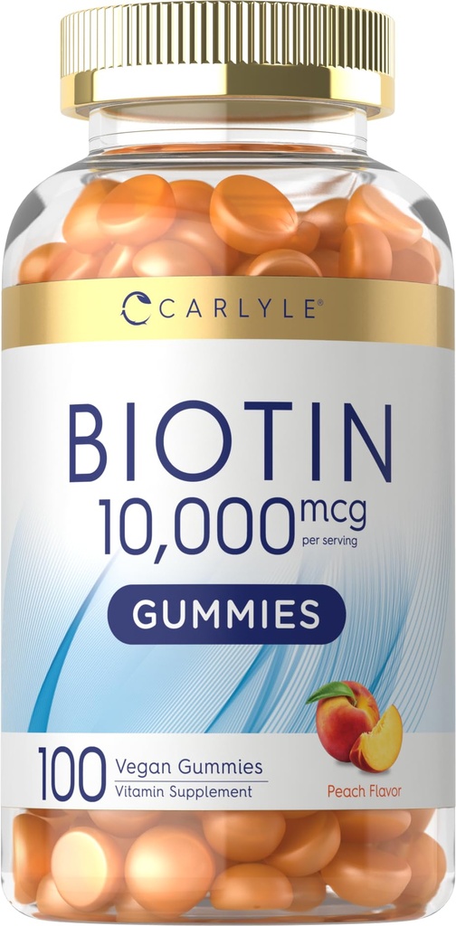 Carlyle Biotin 10000mcg Gummies | 100 Count | Peach Flavor Supplement | Vegan, Non-GMO, Gluteenivaba