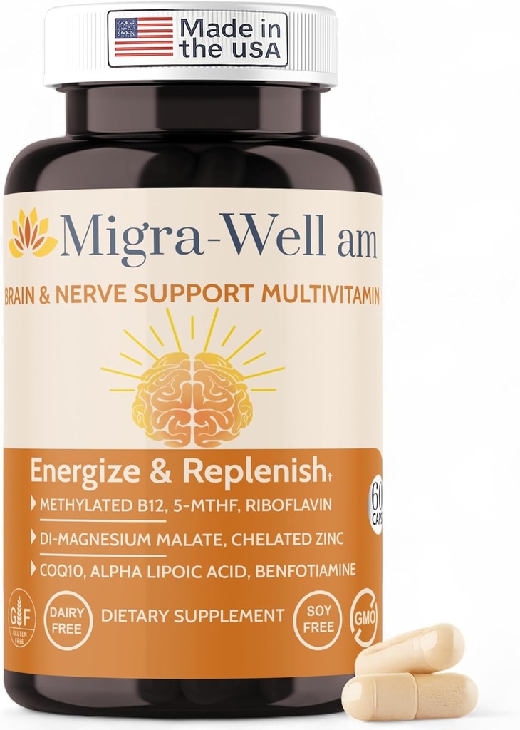 Migra-Well AM: päevase metüülitud multivitamiinide energiastamine biosaadavate mineraalide ja antioksüdantidega, mis toetavad aju ja närvide tervist naistele ja meestele - ilma rauata (60 kapslit)