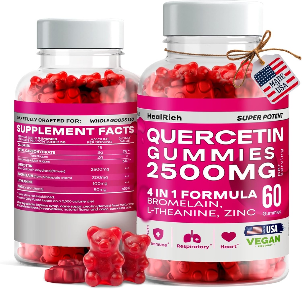Quercetin Gummies - 2500MG koos Bromelain, L-Theanine & Zinc Vegan Immune Support Supplement lastele ja täiskasvanutele - Allergy Relief & Lung Health