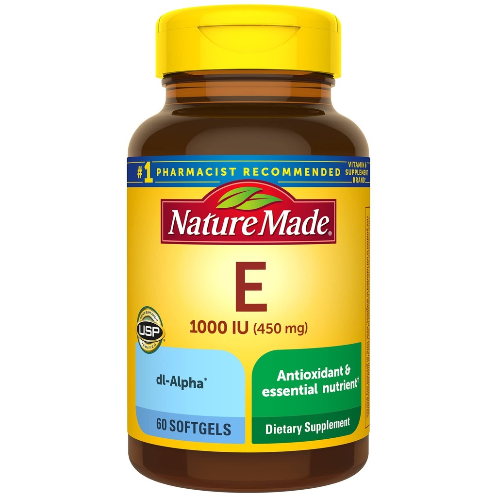 Loodus Made Vitamiin E 450 mg (1000 RÜ) dl-Alpha Softgels, 60 Loendada Antioksüdant tugi (pakendamine võib varieeruda)
