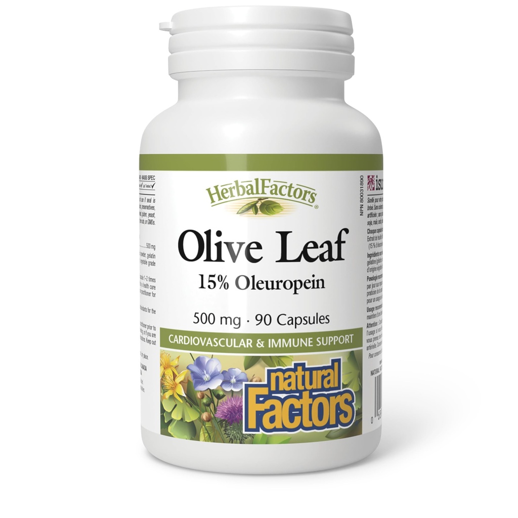 HerbalFactors by Natural Factors, Olive Leaf 500 mg, Natural Wellness Formula, 90 kapslit