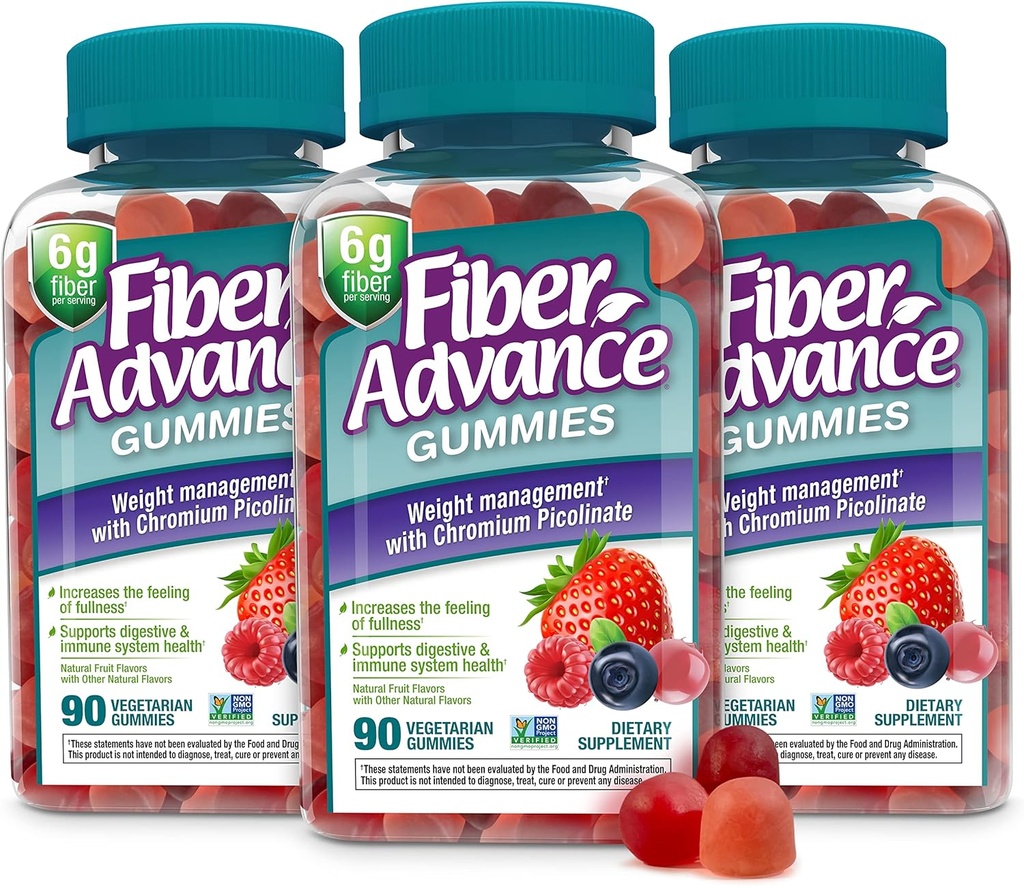 Fiber Advance Weight Management Gummies | 100% taimepõhine kiud seedetrakti tervise ja soolestiku tervise jaoks | Kroompikolinaat kehakaalu juhtimise toetamiseks (3-Pack)