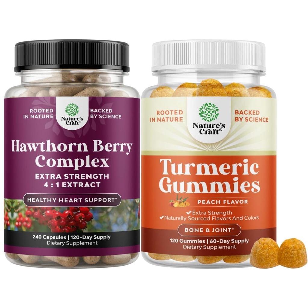 Bundle of Extra Strength Hawthorn Berry Kapslid - Ekstra Seedimine ja südame tervise täiendamine ja kurkum kummid täiskasvanutele Virsiku maitse - ekstra tugevusega ühine tugi Gummies
