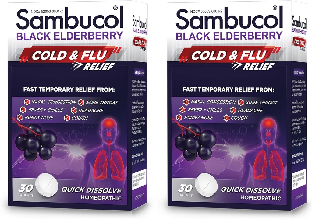 Sambucol Cold and Flu Relief tabletid - Homöopaatiline külmaravi, nina ja siinuse ummistuste leevendamine, kasutamine runny nina, köha, külma ravi täiskasvanutele - Black Elderberry, 30 Count, 2-Pack