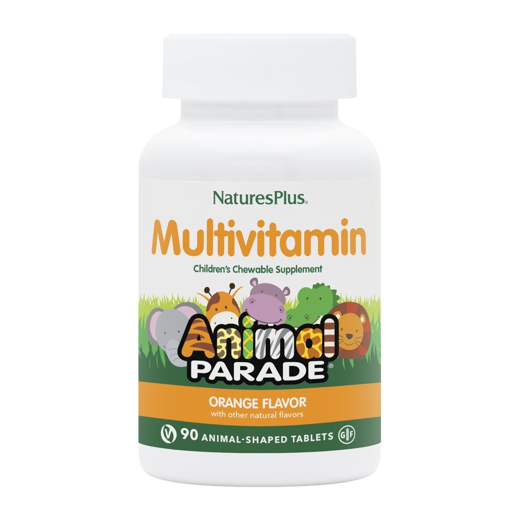 Natures Plus Animal Parade Laste näritav multivitamiin - oranž maitse - 90 loomakujulist tabletti - tervise ja heaolu edendamine - taimetoitlane, gluteenivaba - 45 serveerimist