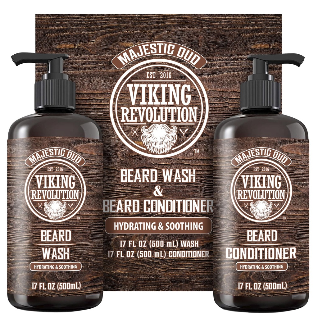 Viking Revolution Beard Wash and Beard Conditioner for Men with Argan Oil and Jojoba Oil - Beard Softener and Stronger Bear Care Beard Shampoo and Conditioner with Bear Oil (17oz, Majestic Oud)