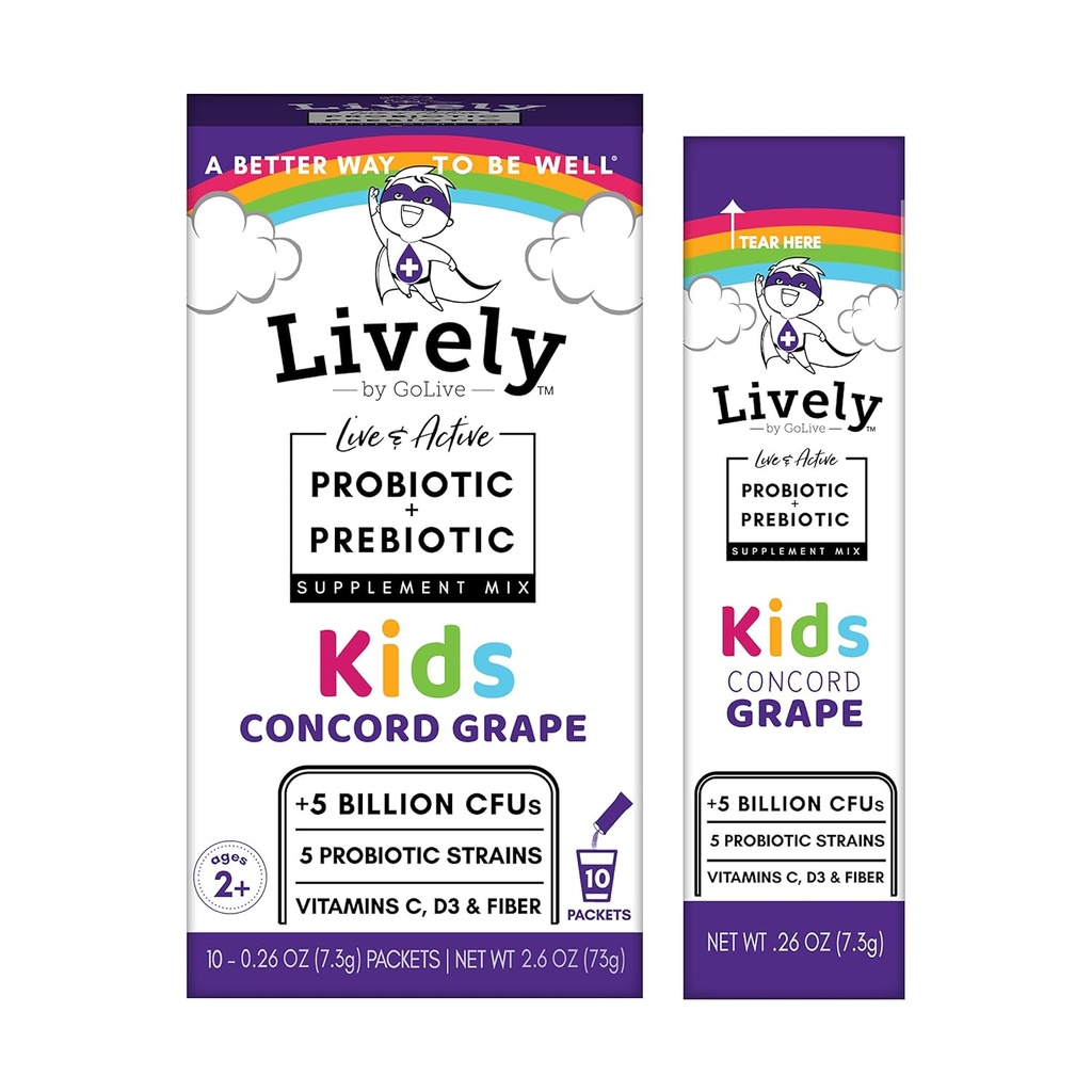 Lively (GoLive'i abil) KIDS CONCORD GRAPE sünbiootikum (probiootikumid + prebiootikumid); 5 kliinilised tüved; +5 miljardit CFUd. Probiootikumid ja prebiootikumid KIDS seedimist, ainevahetust, immuunsust. (10 pakki)