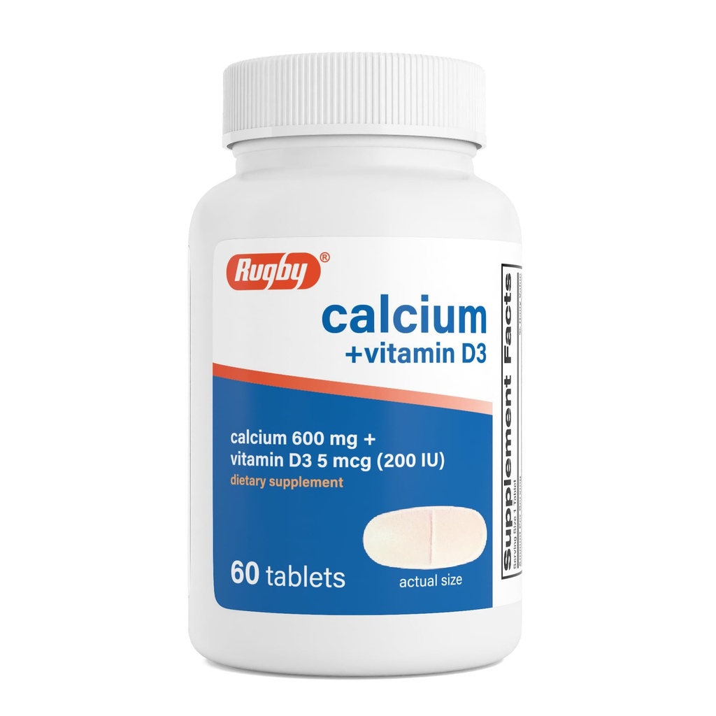 Rugby Calcium 600 mg tabletid vitamiin D3 200IU (5 mcg) - gluteenivaba päevane D-vitamiini toidulisand luu tervise ja kaltsiumi imendumiseks, 60 loend (1 pakend)
