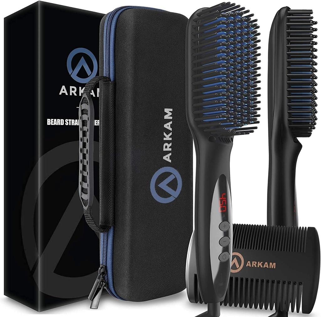 Arkam Beard Straightener meestele - Premium kuumutatud habemeharja komplekt w / Anti-Scald funktsioon, kahekordne tegevus juuste kamm ja Hard Shell reisijuhtum keskmise kuni pika habemega - kostüüm ja hoolduskinke meestele
