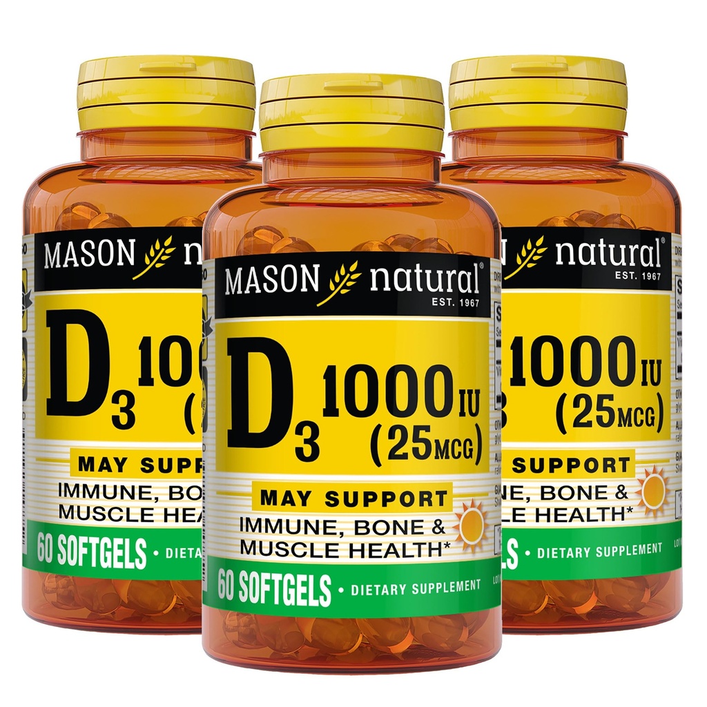 MASON LOODUSLIK Vitamiin D3 25 mcg (1000 IU), Luu ja immuunsüsteemi tugi, kalamaksaõli, 60 Softgels (Pack of 3)