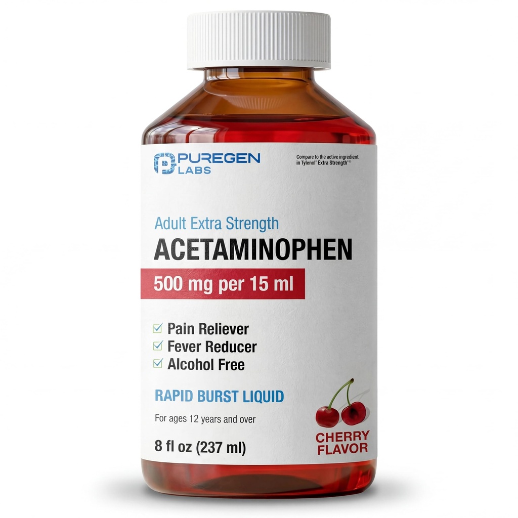 Puregen Labs Adult Extra Tugevus Acetaminophen Vedelik 500mg/15ml - 8 fl oz Kiire Burst Valu Reliever/ Palaviku Vähendaja, Kirsi maitse | Lihas- ja liigesevalu leevendamine | Artriit Valu leevendamine