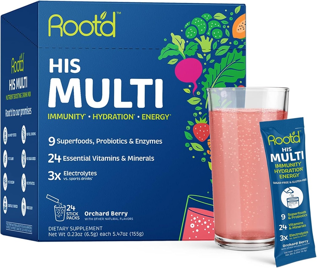 Juur ́d Multivitamiini pulber 3X elektrolüütidega meestele - 24 vitamiinid ja mineraalid, 3X elektrolüüdid, 9 orgaanilist supertoitu, probiootikumid ja ensüümid, suhkruvaba multivitamiin ja hüdraat | 24 paketti