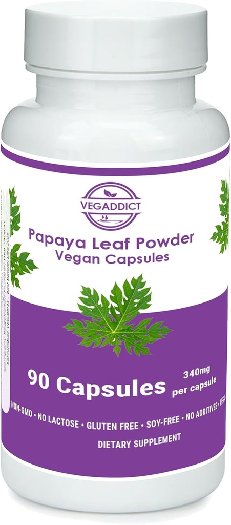 Papaia lehepulber | 340 mg kapslid | etükaalselt hangitud | trombotsüütide tugi | Gluteeni- ja laktoosivaba | Sojavaba | Ei lisaaineid | Mitte-GMO | Vegan | Toitumislisand | Toidulisand (90X)