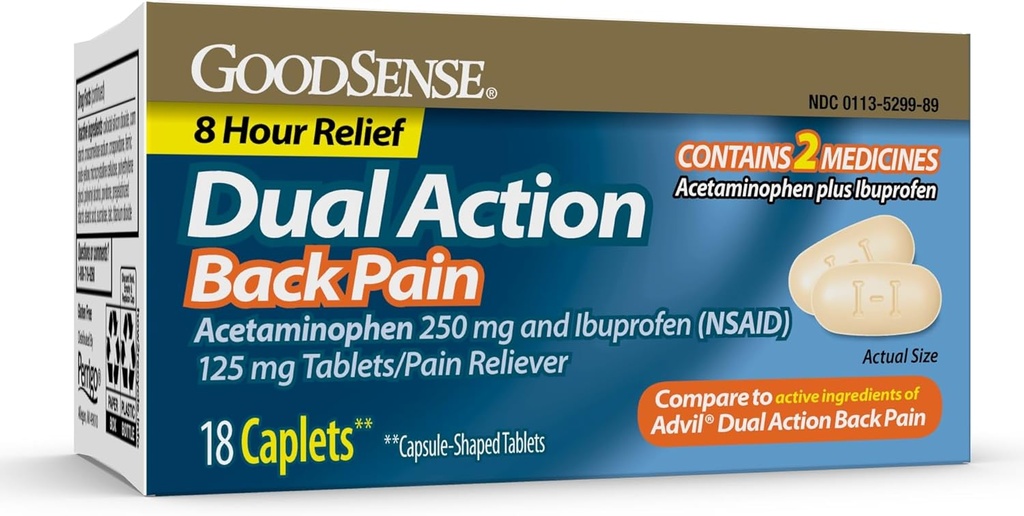 GoodSense Dual Action Acetaminophen and Ibuprofen (NSAID) tabletid, 250 mg / 125 mg, Seljavalu, 18 krahv